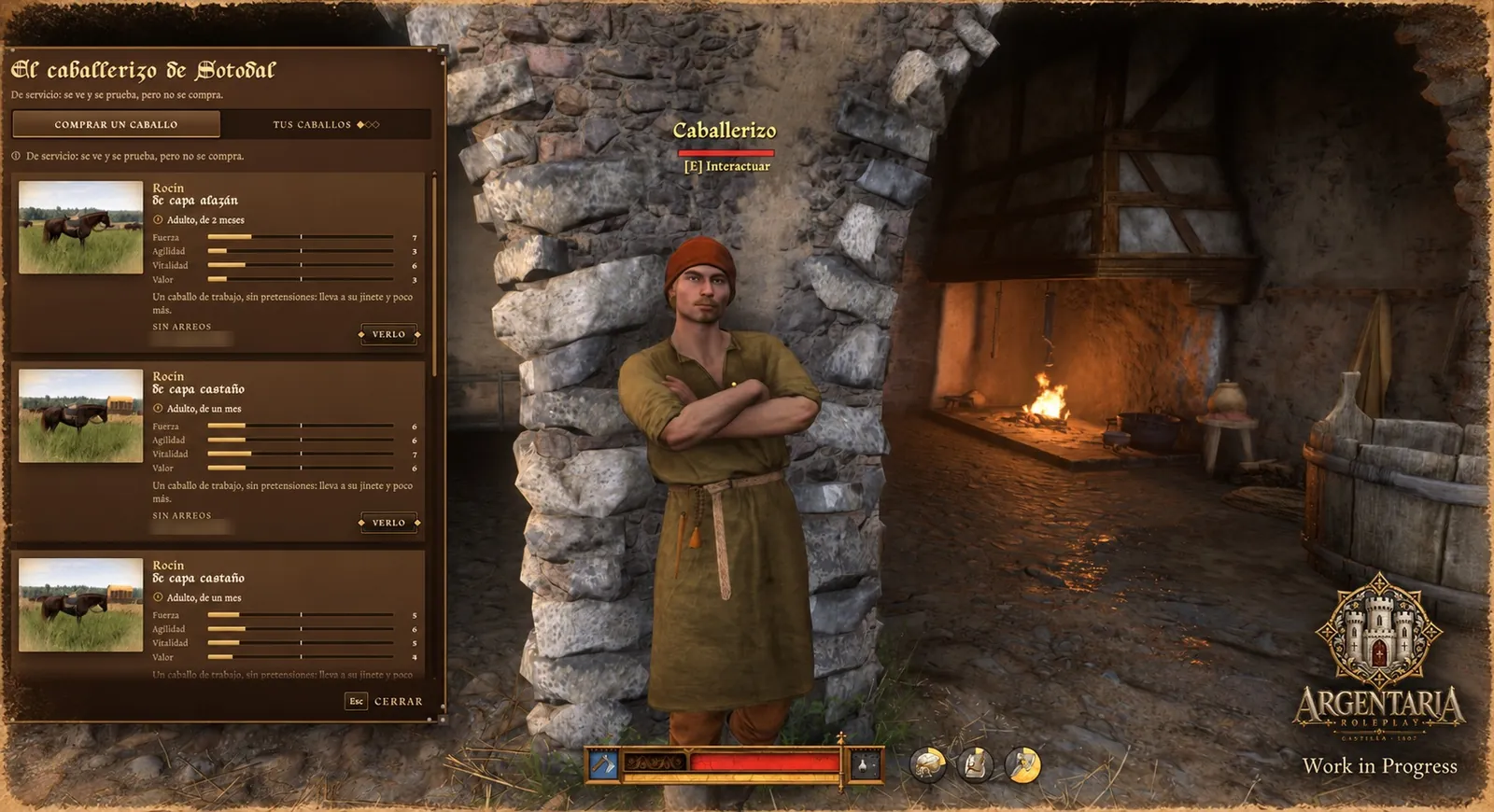 Captura del juego: la ventana del caballerizo con los caballos en venta, cada uno con su capa, su edad y sus cualidades, junto al caballerizo de Sotodal.