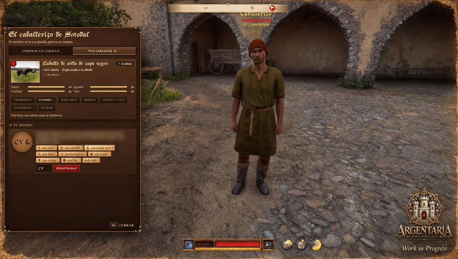 Captura del juego: la pestaña «Tus caballos» del caballerizo, con la ficha de un caballo, sus acciones y el hierro del dueño con dos letras y una media luna.