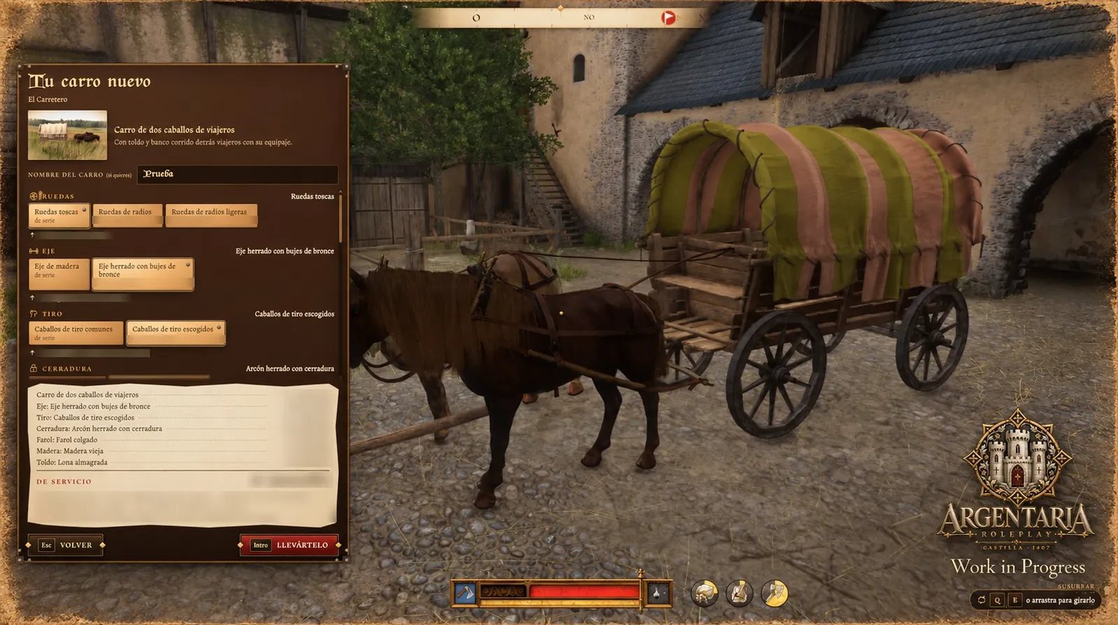 Captura del juego: la ventana del carretero, con las piezas del carro a la izquierda y, delante, un carro de dos caballos de viajeros con toldo de rayas.