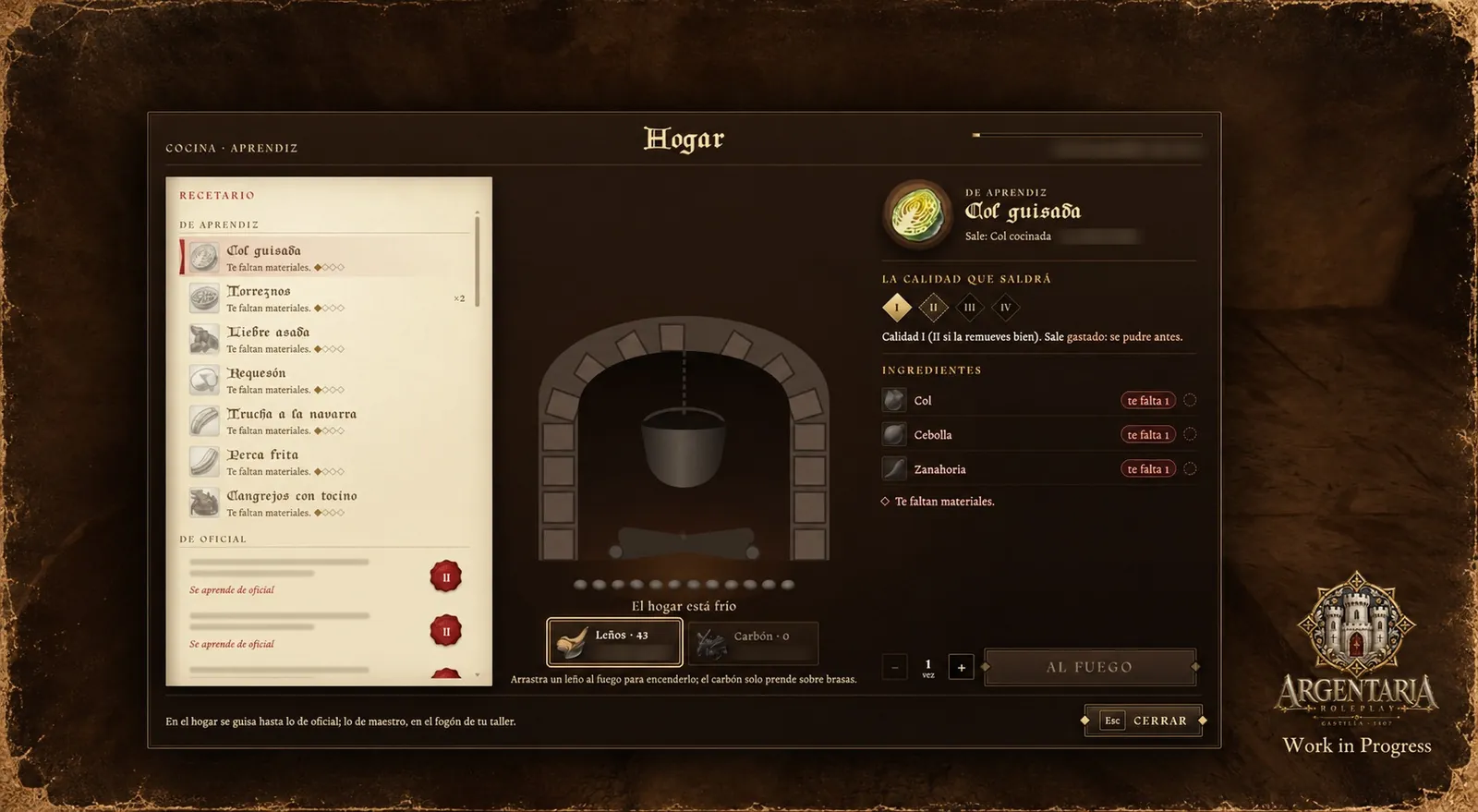Captura del juego: la ventana de la cocina del hogar, con el recetario a la izquierda, el hogar con la olla en el centro y la receta elegida, su calidad y sus ingredientes a la derecha.