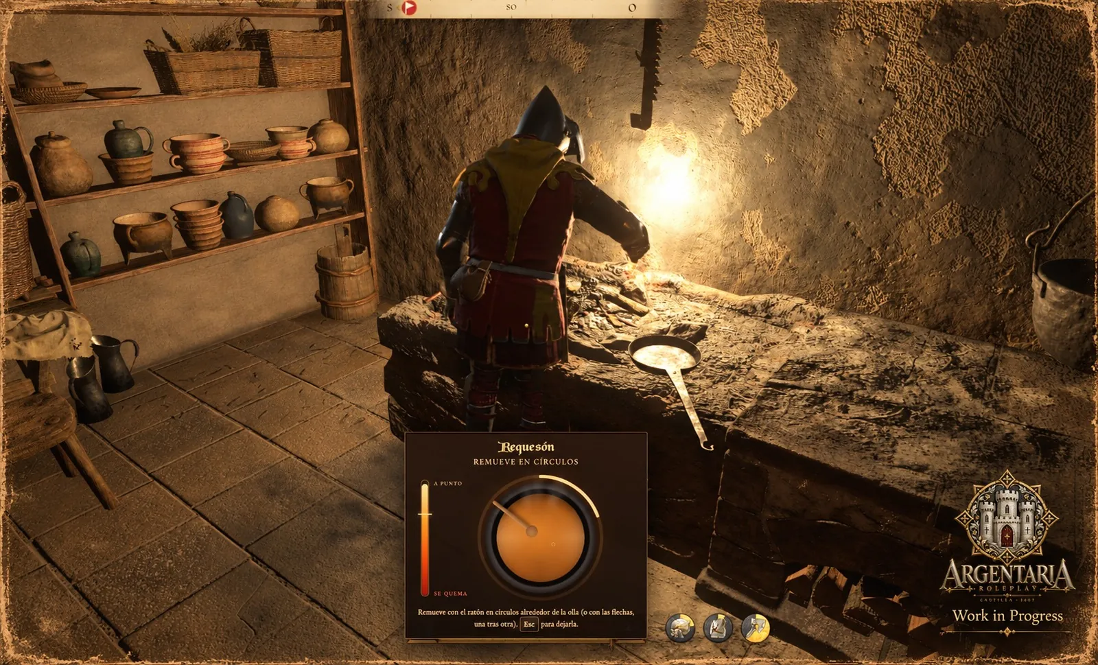 Captura del juego: el personaje remueve la olla junto al hogar de una cocina y, debajo, la ventana de remover en círculos, con la barra que va de «a punto» a «se quema».