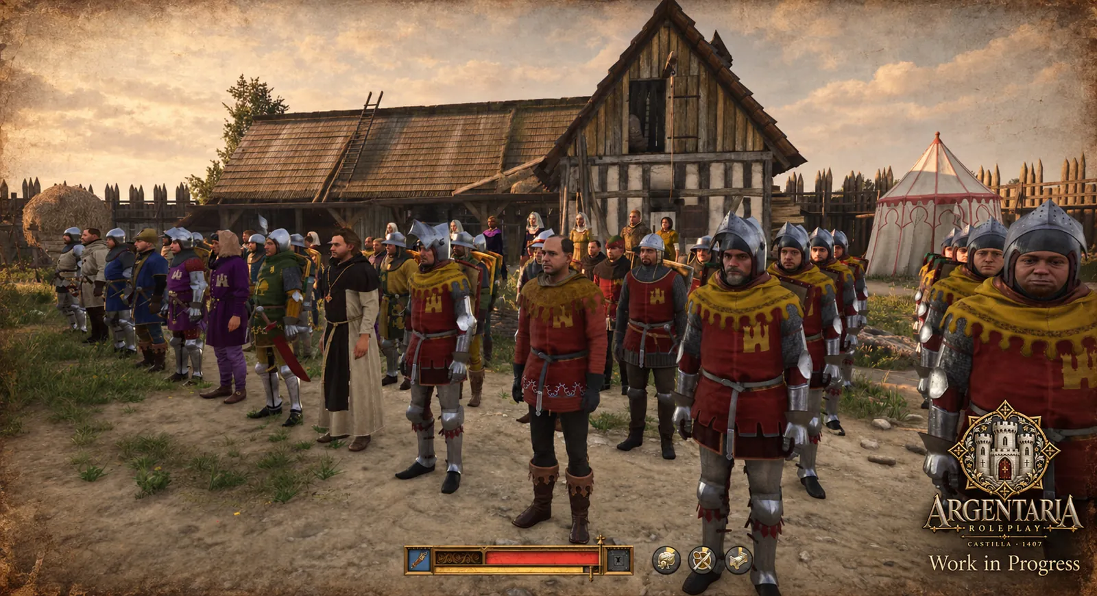 Captura del juego: guardias de la Corona con sobreveste roja, el castillo de oro en el pecho y capucha dorada; detrás, tropa de las demás jurisdicciones y un monje.