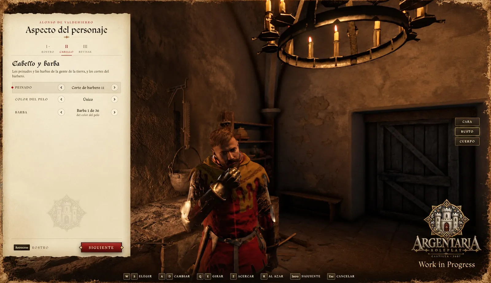 Captura del juego: el paso del cabello y la barba, con el peinado, el color del pelo y la barba a la izquierda y el personaje de cuerpo entero a la derecha.