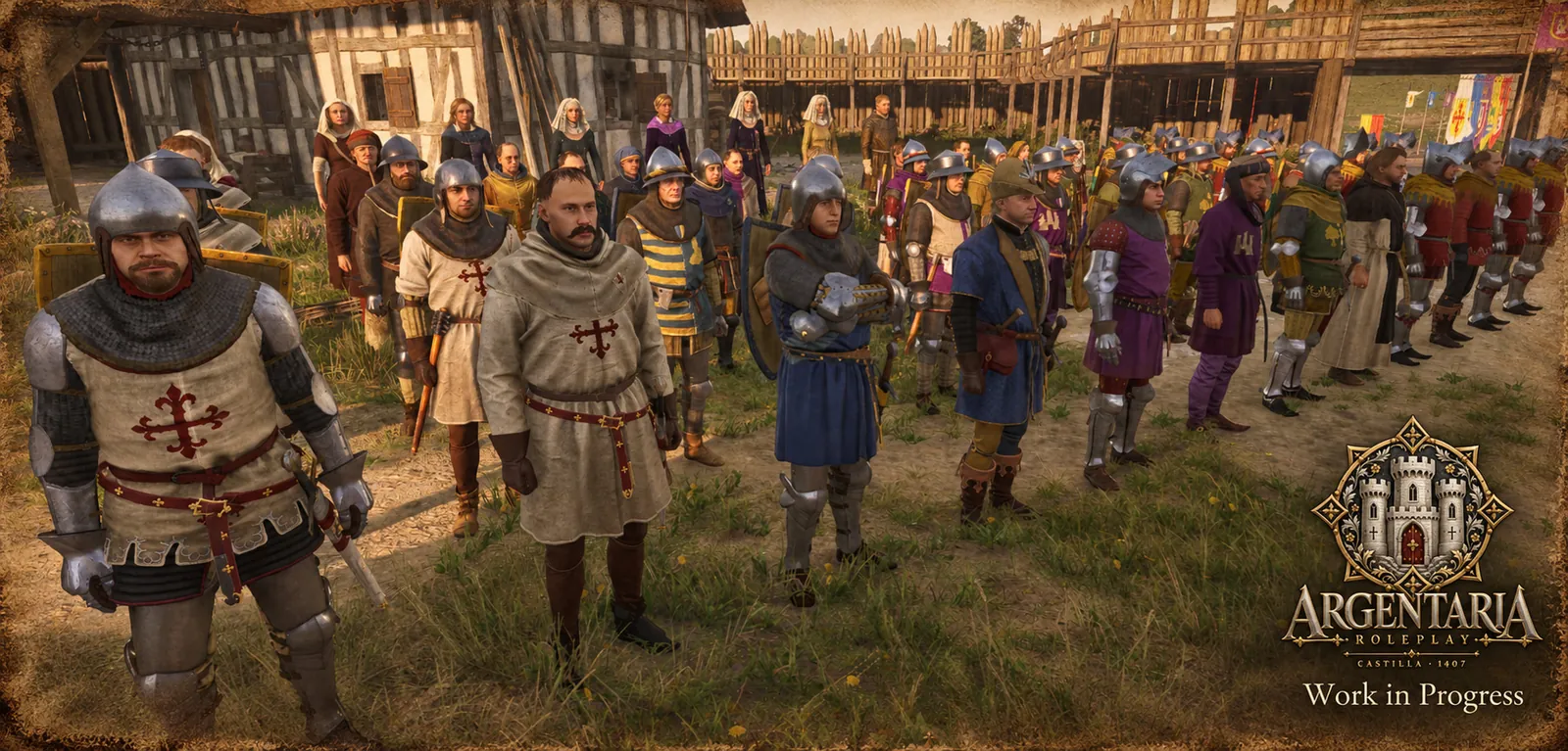 Captura del juego: una formación con los trajes de cada jurisdicción; delante, caballeros de Calatrava con la cruz roja sobre blanco, y detrás tropa de morado, azul, oro y rojo, damas con velo y monjes.