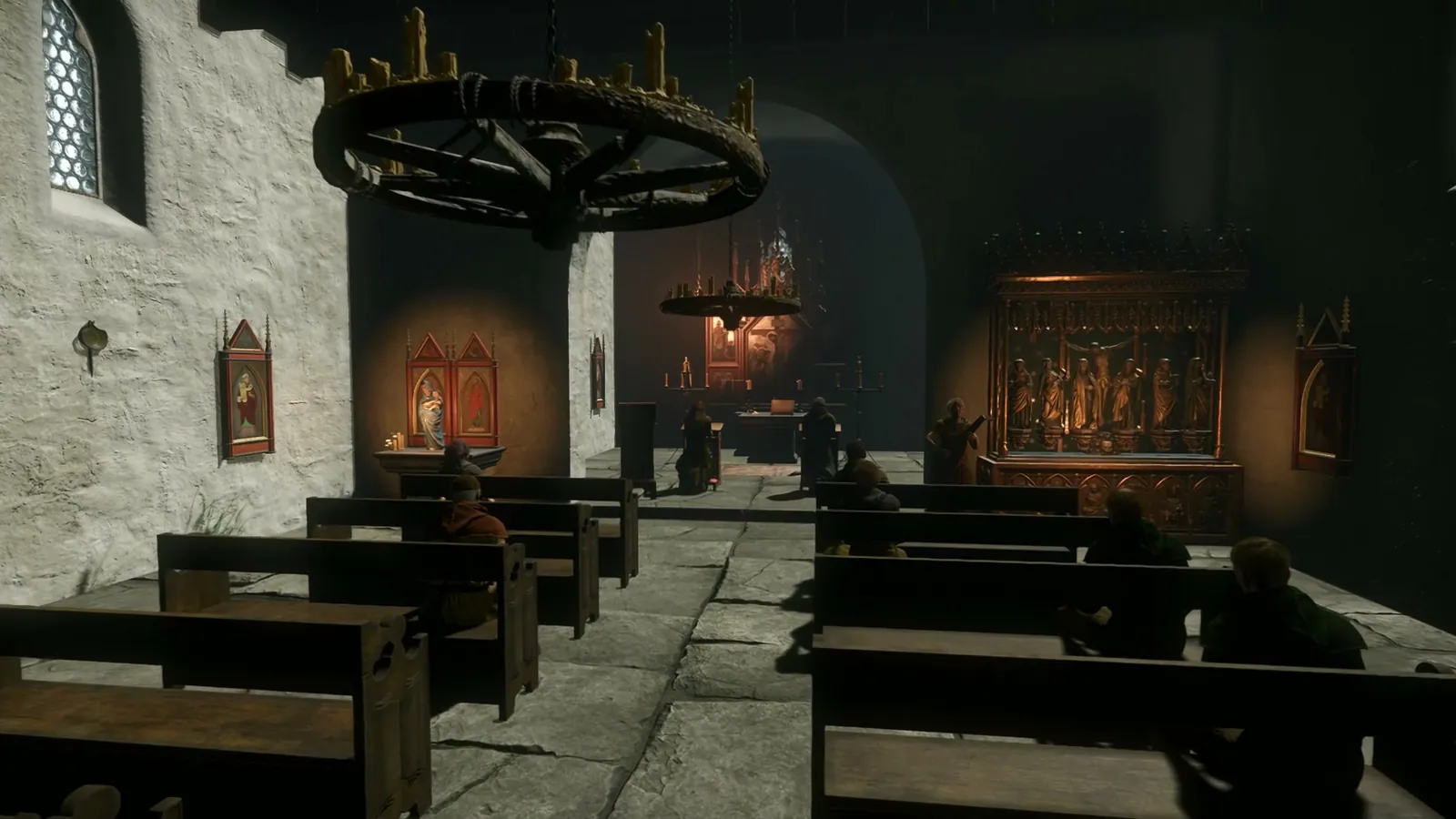 Captura del juego: el interior de la iglesia de Sotodal durante la misa, con los vecinos en los bancos y el retablo al fondo.