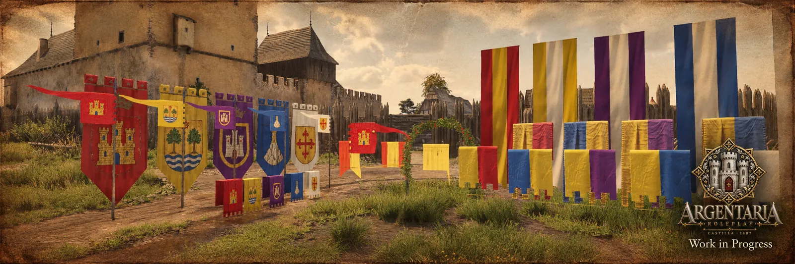 Captura del juego: en una explanada ante un castillo, pendones de asta y estandartes de las cuatro jurisdicciones y de la Corona, gallardetes a rayas de sus colores y paños de grada de dos colores.