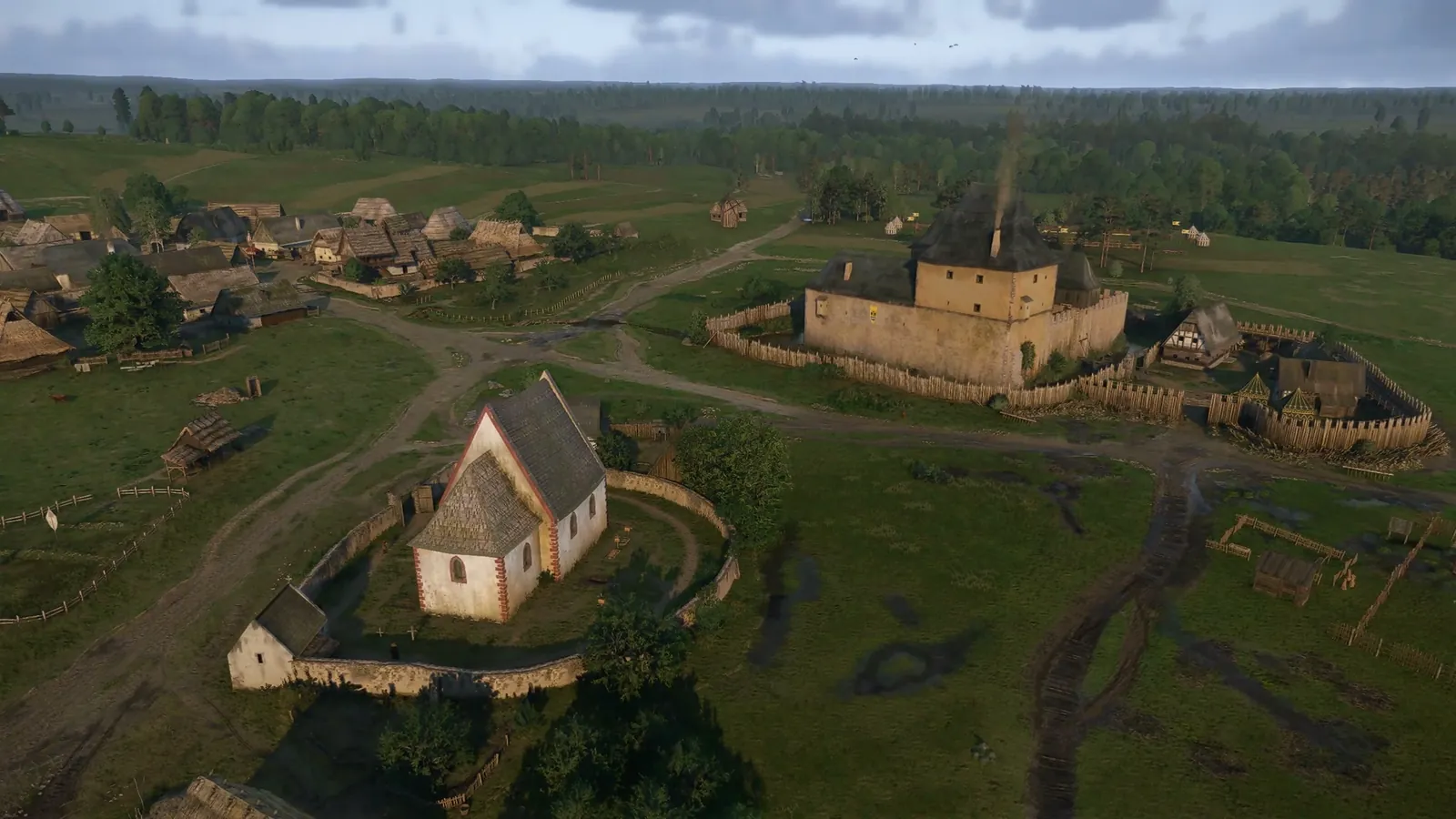 Captura del juego: Sotodal desde fuera, con la iglesia, el castillo y las casas del pueblo.