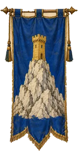 Pendón del señorío de Peñalba: tela azul con una peña de plata coronada por una torre de oro.