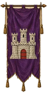Pendón del realengo de Argentaria: tela morada con un castillo de plata de puerta roja, colgada de una vara con borlas.