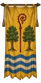 Estandarte del abadengo de Sotodal: tela de oro con un báculo rojo entre dos árboles y ondas azules y plateadas.