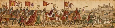 Ilustración a la manera de un códice: un cortejo real a caballo, con una reina y un rey coronados, pendones de Castilla y León y un castillo al fondo.