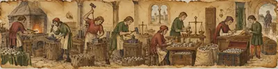 Ilustración a la manera de un códice: el taller de una ceca, con fundidores en la fragua, acuñadores con martillo, un cambista con su balanza, un escribano con el libro y arcones llenos de monedas.