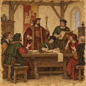 Ilustración a la manera de un códice: un concejo reunido en una sala de vigas, con un alcalde con vara, un mayordomo y un escribano.