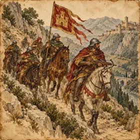 Ilustración a la manera de un códice: cuadrilleros a caballo, con ballestas y estandarte, en un camino de montaña.