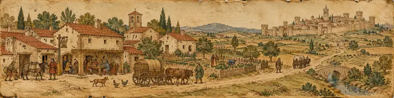 Ilustración a la manera de un códice: una puebla con casas de teja, un carro de bueyes y un arriero en el camino, huertas y, al fondo, una villa amurallada con sus torres.