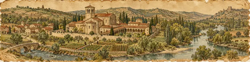 Ilustración a la manera de un códice: un monasterio junto a un río, con su puente, huertas, viñas en hileras y una villa al lado.