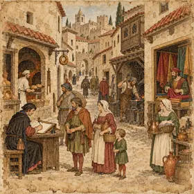 Ilustración a la manera de un códice: una calle con vecinos a la puerta de sus casas y un escribano que anota nombres en un padrón.