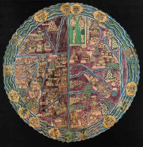 Mapamundi medieval circular, con ríos azules, ciudades doradas y un océano que lo rodea.