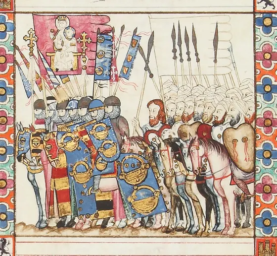 Miniatura medieval: una hueste a caballo con estandartes frente a otra formación armada.