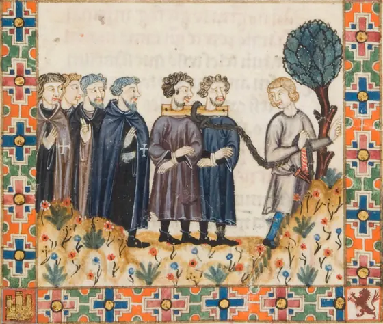 Miniatura medieval: un hombre conduce con una cuerda a dos frailes atados por el cuello, seguidos por otros cuatro religiosos.