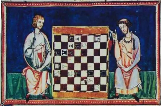 Miniatura medieval: dos hombres sentados juegan una partida de ajedrez sobre un tablero entre ambos.